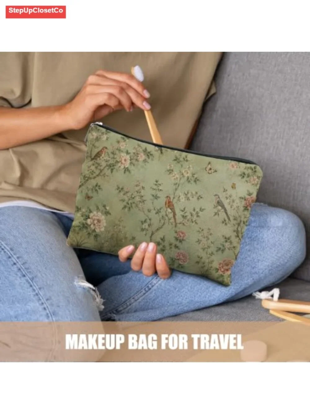 Chinoiserie Floral Cosmetic Bag for Women | Linen Toiletry Zipper Pouch Travel